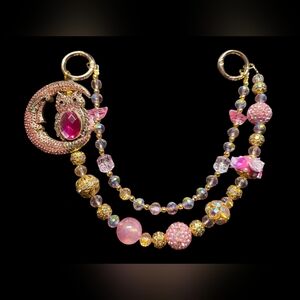 Elegant Pink and Gold Moon amd Owl Bag Charm